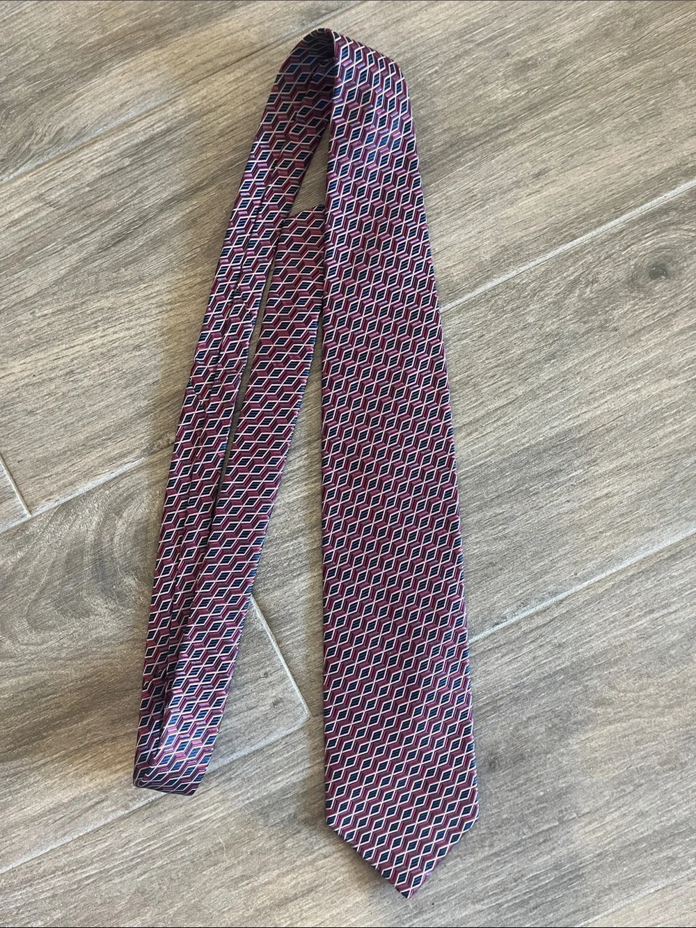 Geoffrey Beene Burgundy and Navy Geometric Silk Tie
